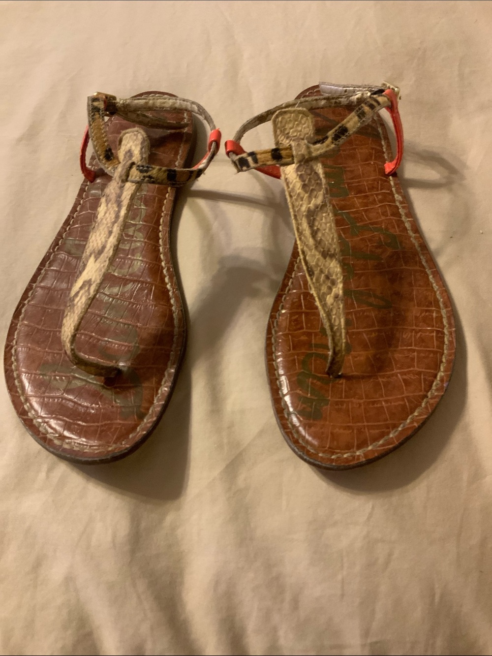 Sam Edelman “GIGI” Snakeskin T-Strap Leather Sandals  w/Orange Side Strap
